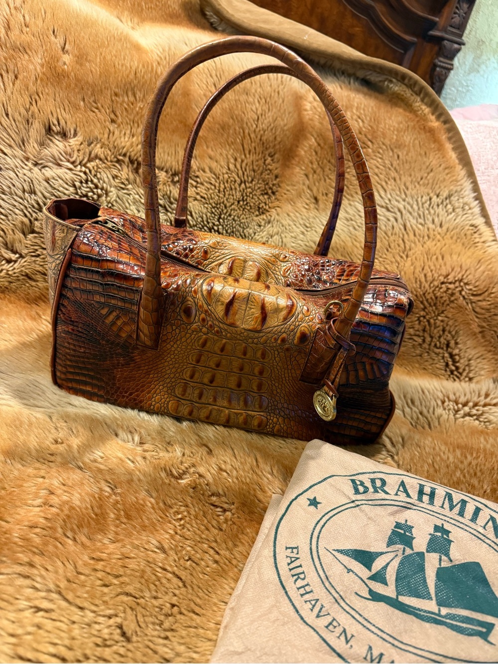 Brahmin Amber Brown Croc-Embossed Shoulder Bag